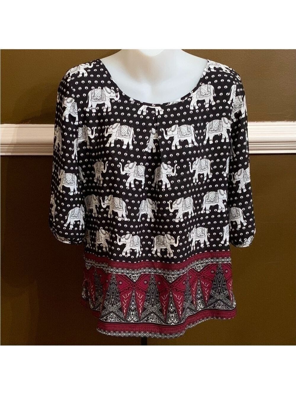 Pink Owl Elephant Pullover Blouse With 3/4 Length Sleeves and Slitted Sides